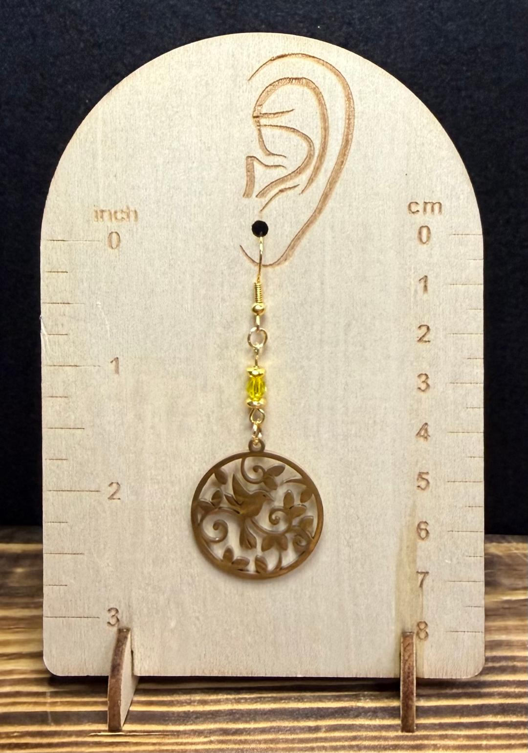 NEW Bird & Vine Themed Gold Stainless Steel Earrings w/ Yellow Glass Beads