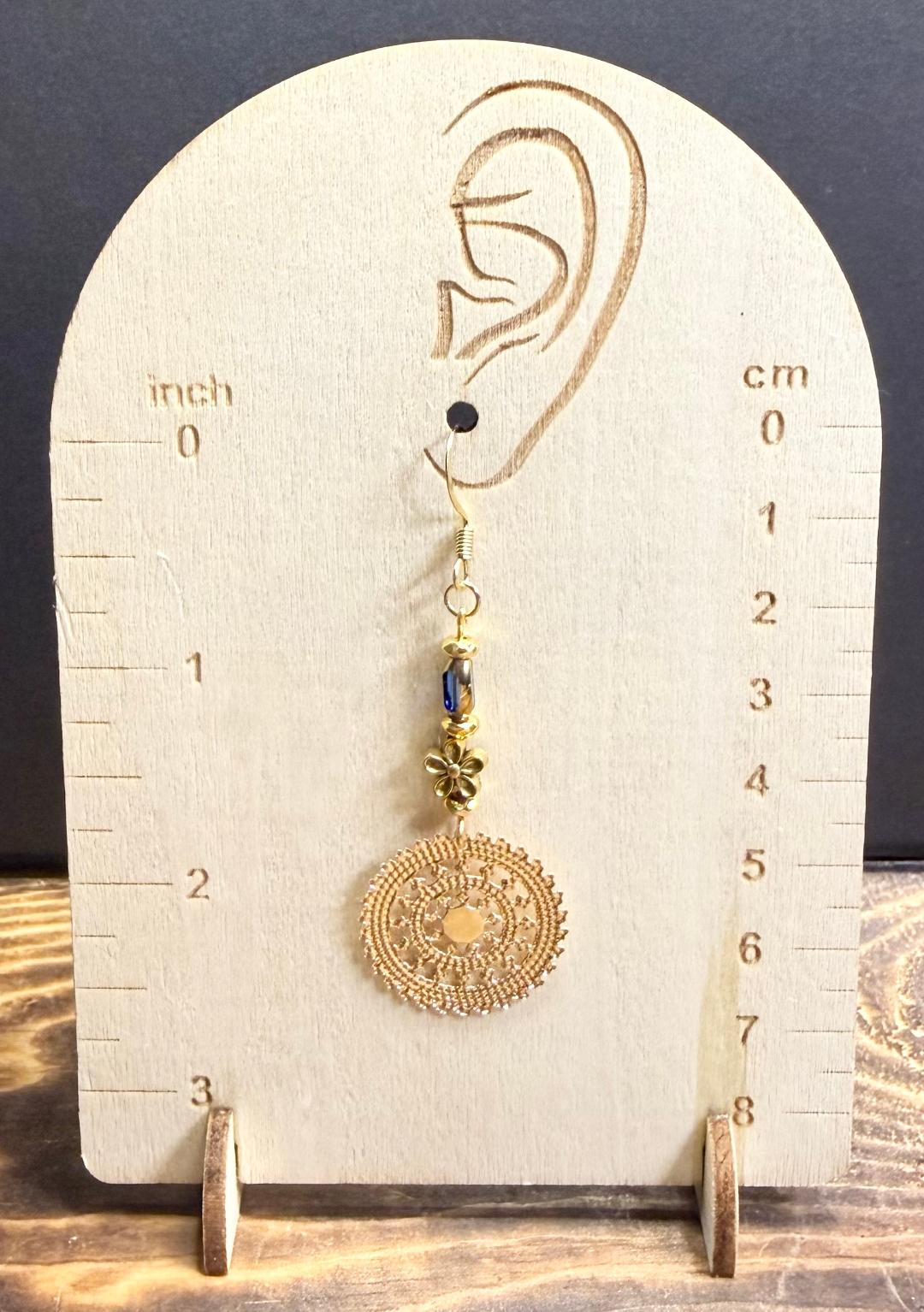 NEW Round Filigree Medallion Charm Earrings w/ Blue Glass & Flower Beads