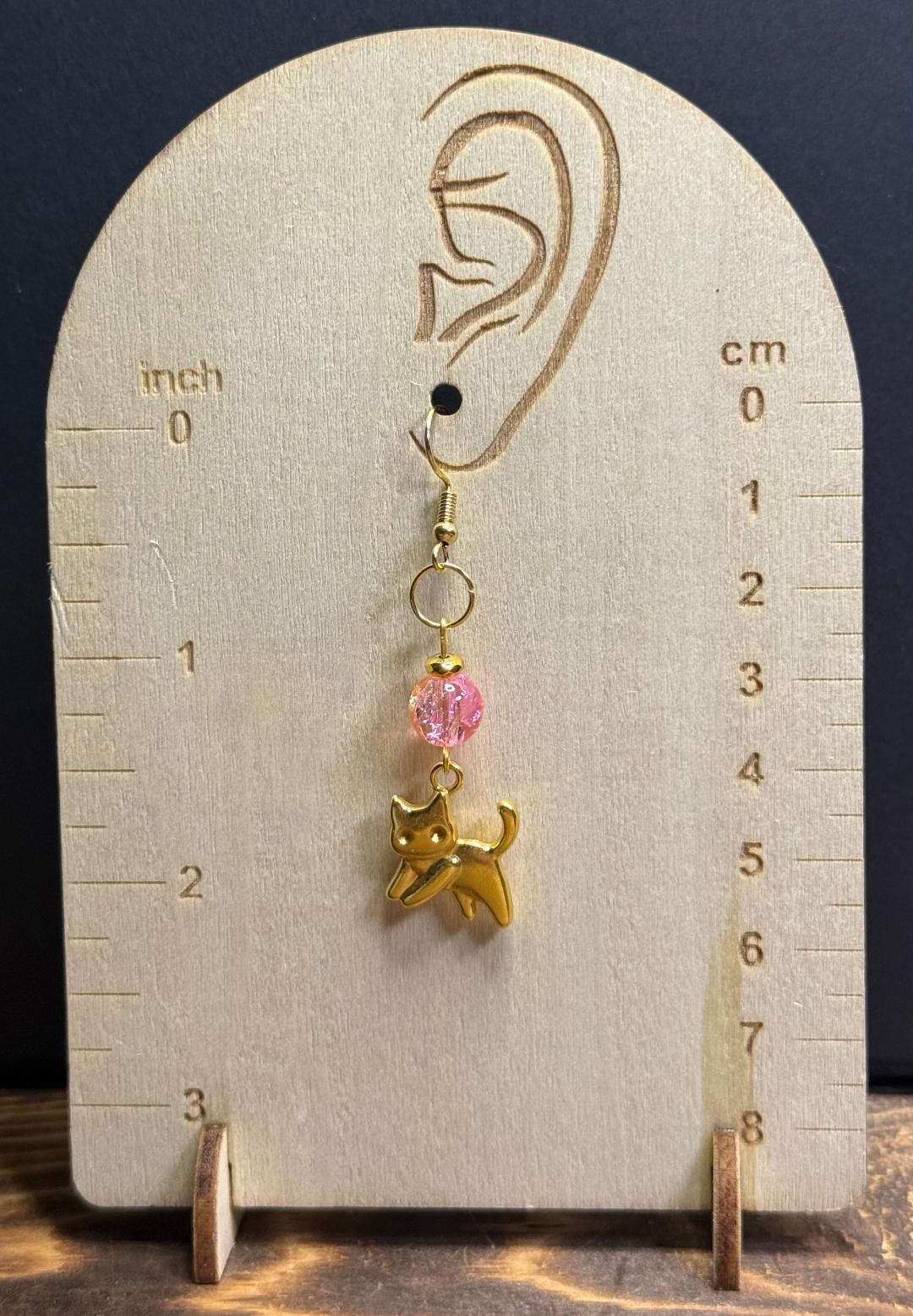NEW Little Running Cat Kitty Earrings w/ Two Tone Pink Glass Crackle Beads