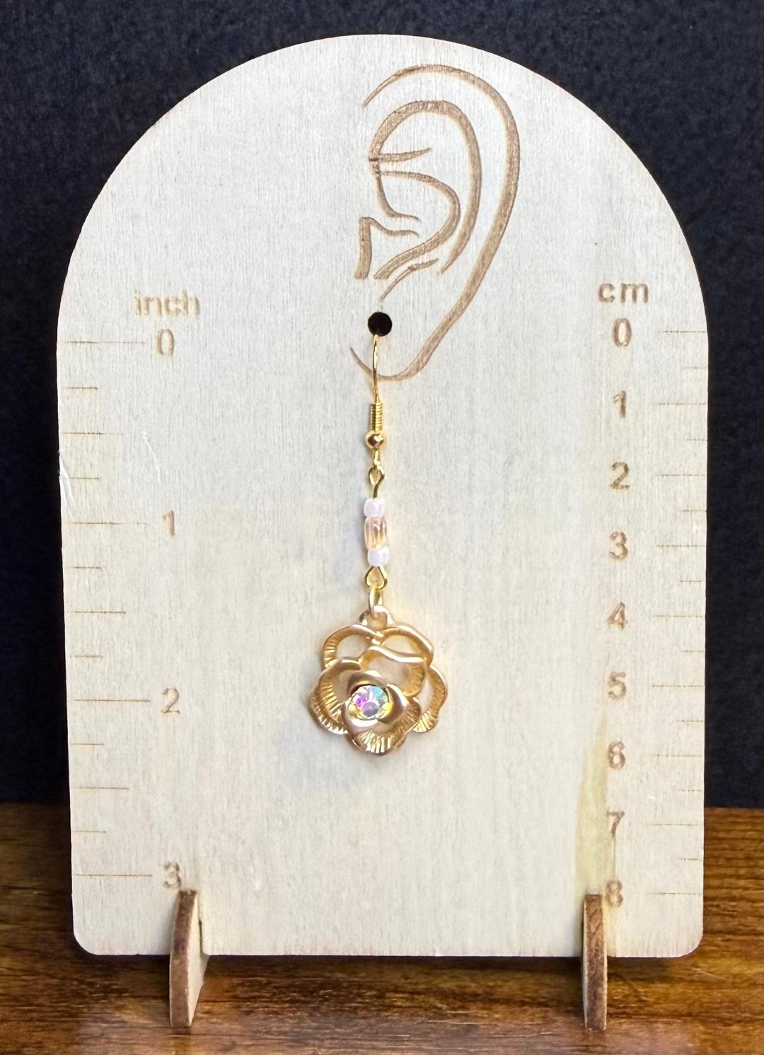 NEW Gold Rose Charm Earrings w/ Iridescent Rhinestones & Beads