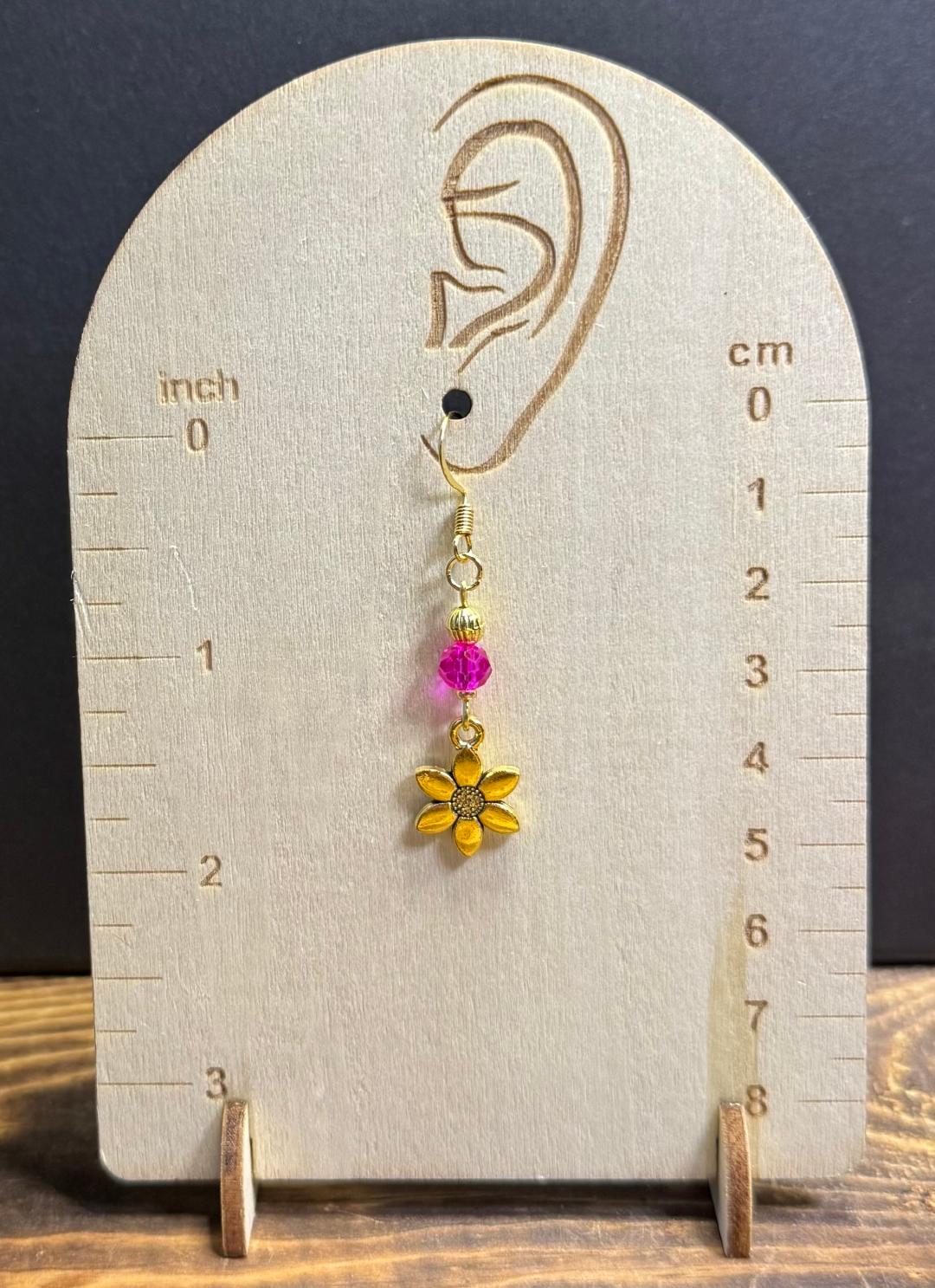 NEW Double Sided Gold Flower Charm Earrings w/ Hot Pink Glass Beads