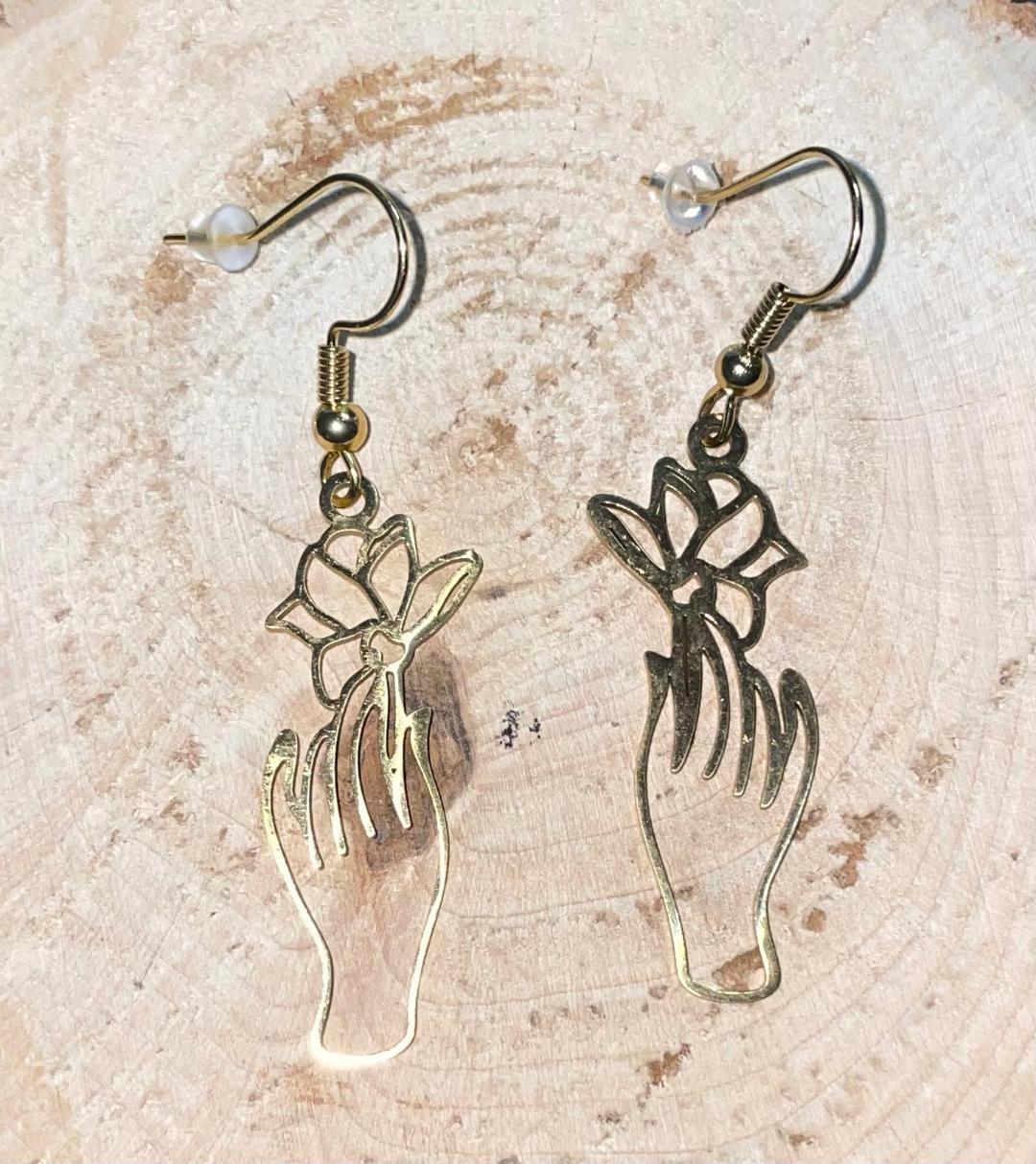 NEW Gold Tone Lotus Flower Hand Charm Dangle Drop Earrings