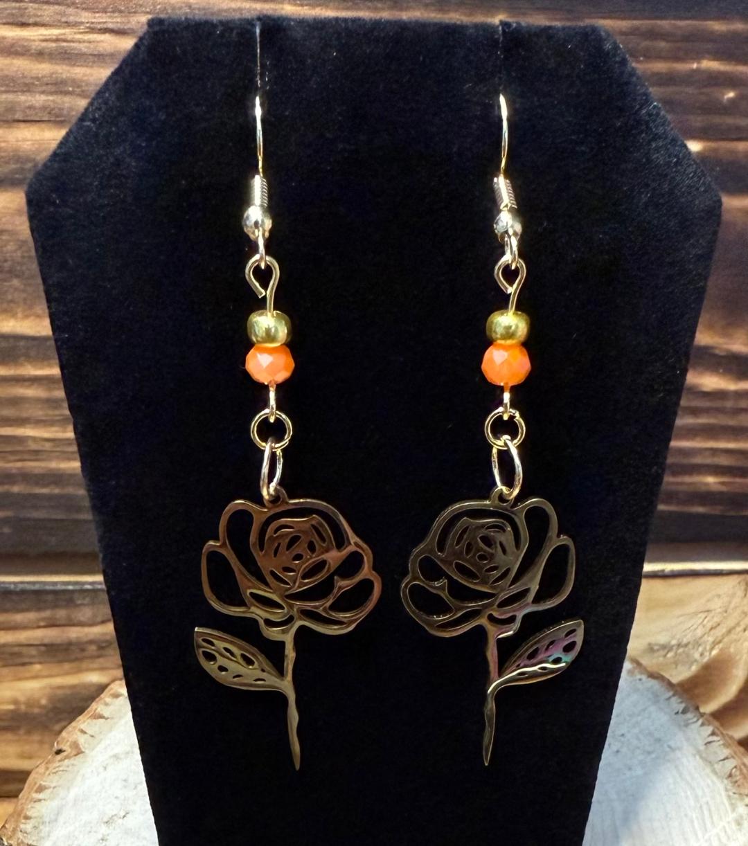 NEW Stainless Steel Hollow Gold Flower Outline Earrings w/ Orange Beads
