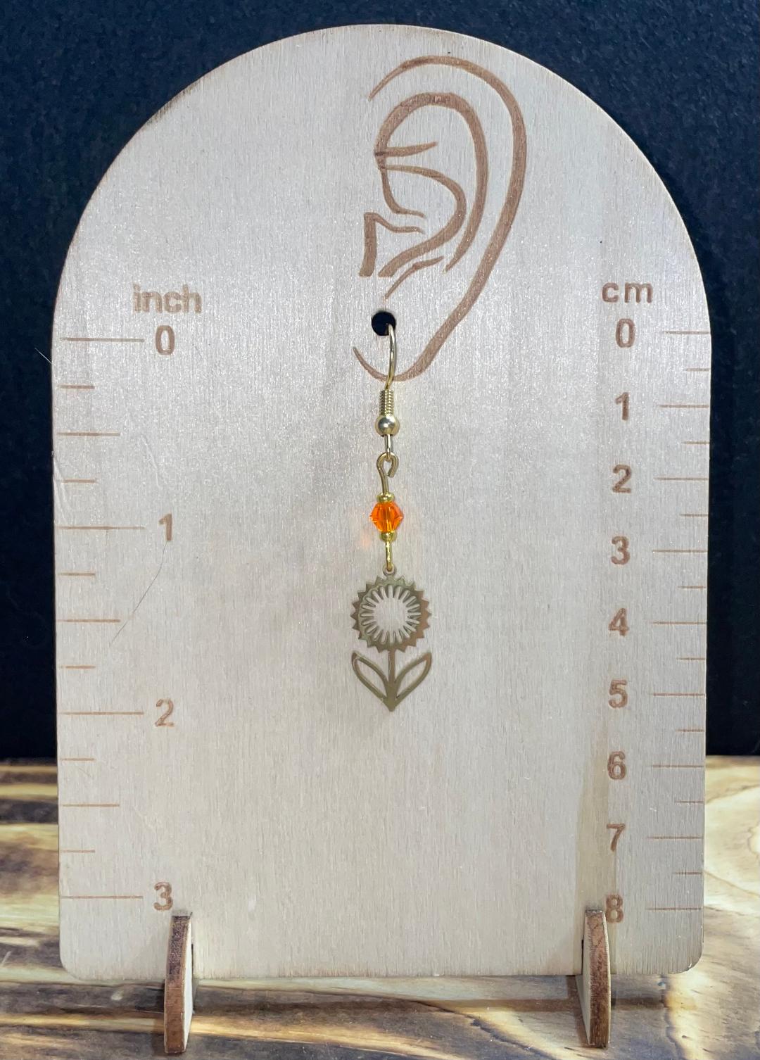 NEW Golden Hollow Flower w/ Orange Faceted Bead Earrings