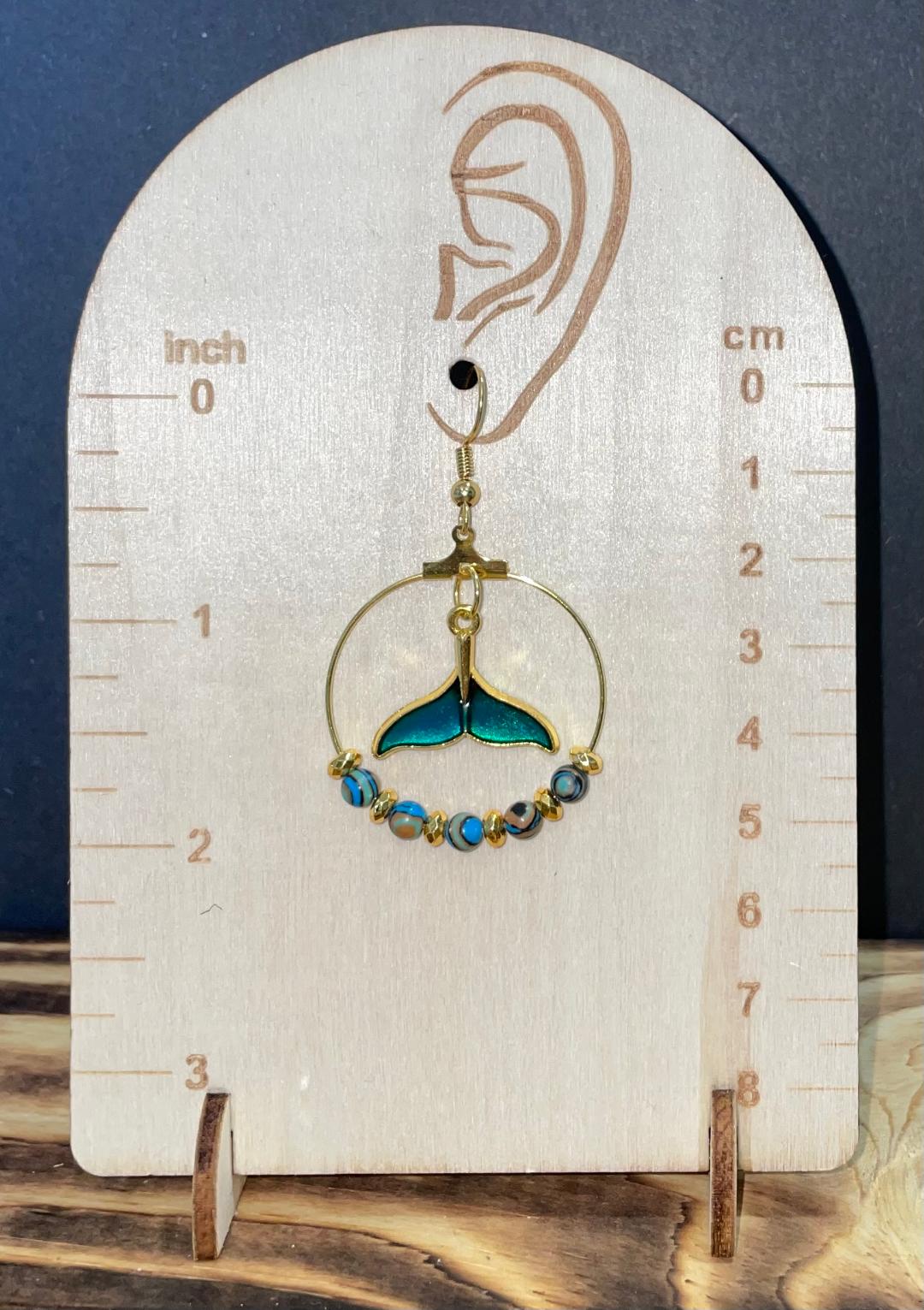 NEW Blue Enamel Mermaid Tail Gold Tone Hoop Earrings w/ Ocean Style Beads