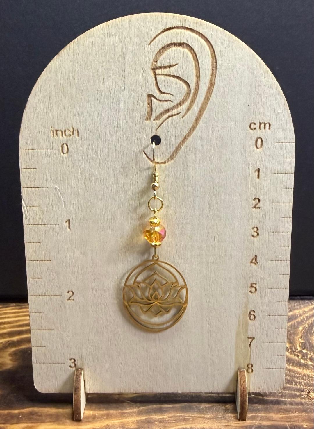 NEW Gold Stainless Steel Lotus Charm Earrings w/ Glass Amber Beads