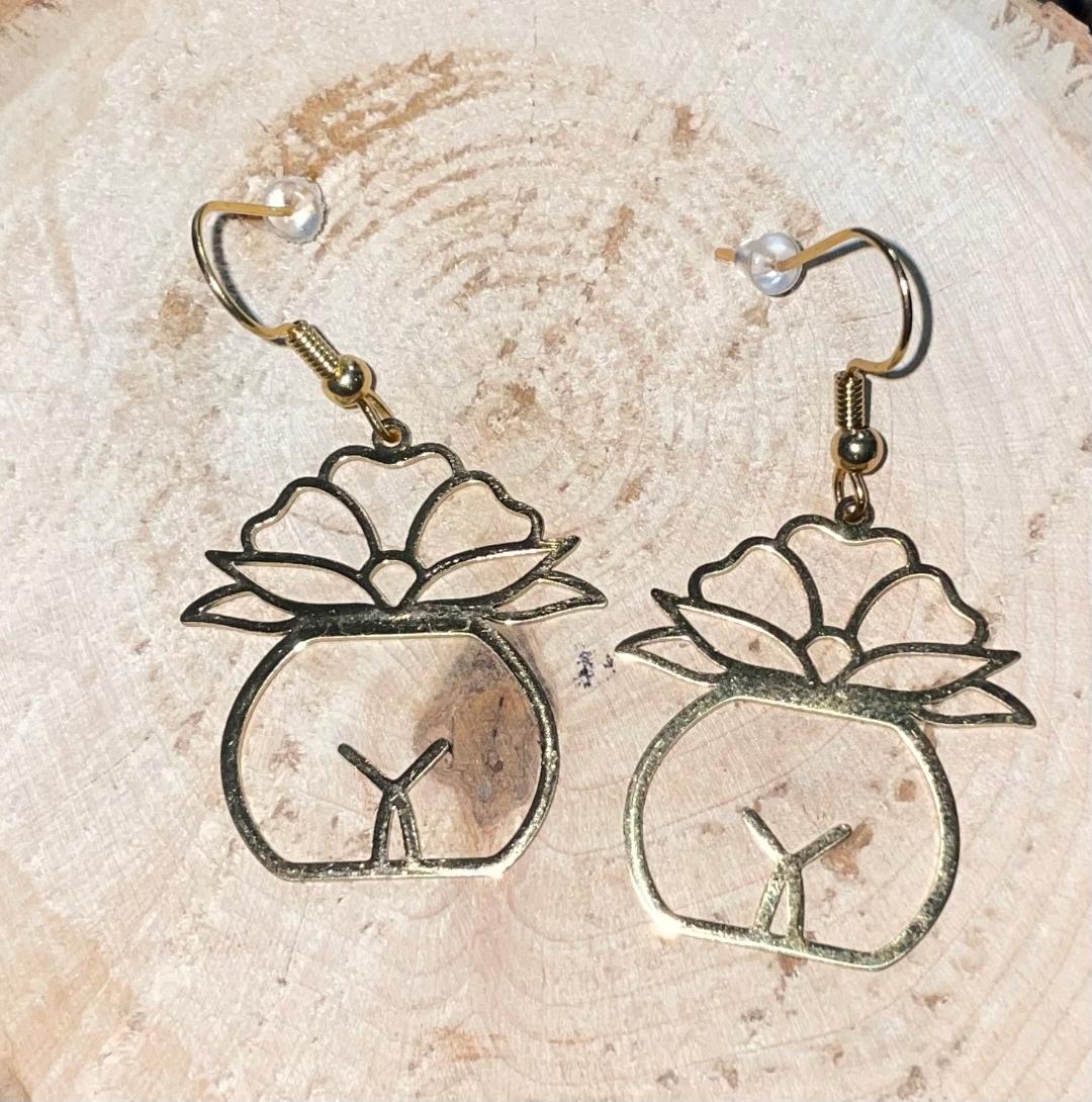 NEW Gold Tone Lotus Flower Potted Plant & Body Charm Dangle Drop Earrings