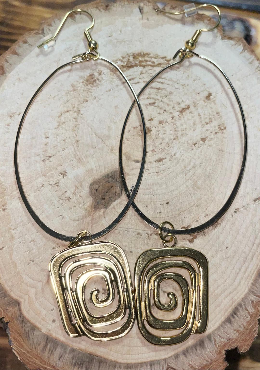 NEW Oval Hoop Art Deco Earrings w/ Swirl Charms