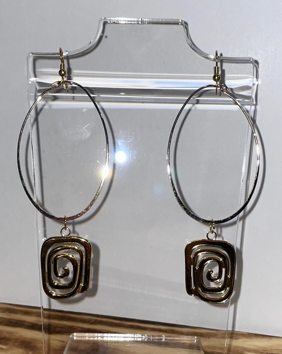 NEW Oval Hoop Art Deco Earrings w/ Swirl Charms
