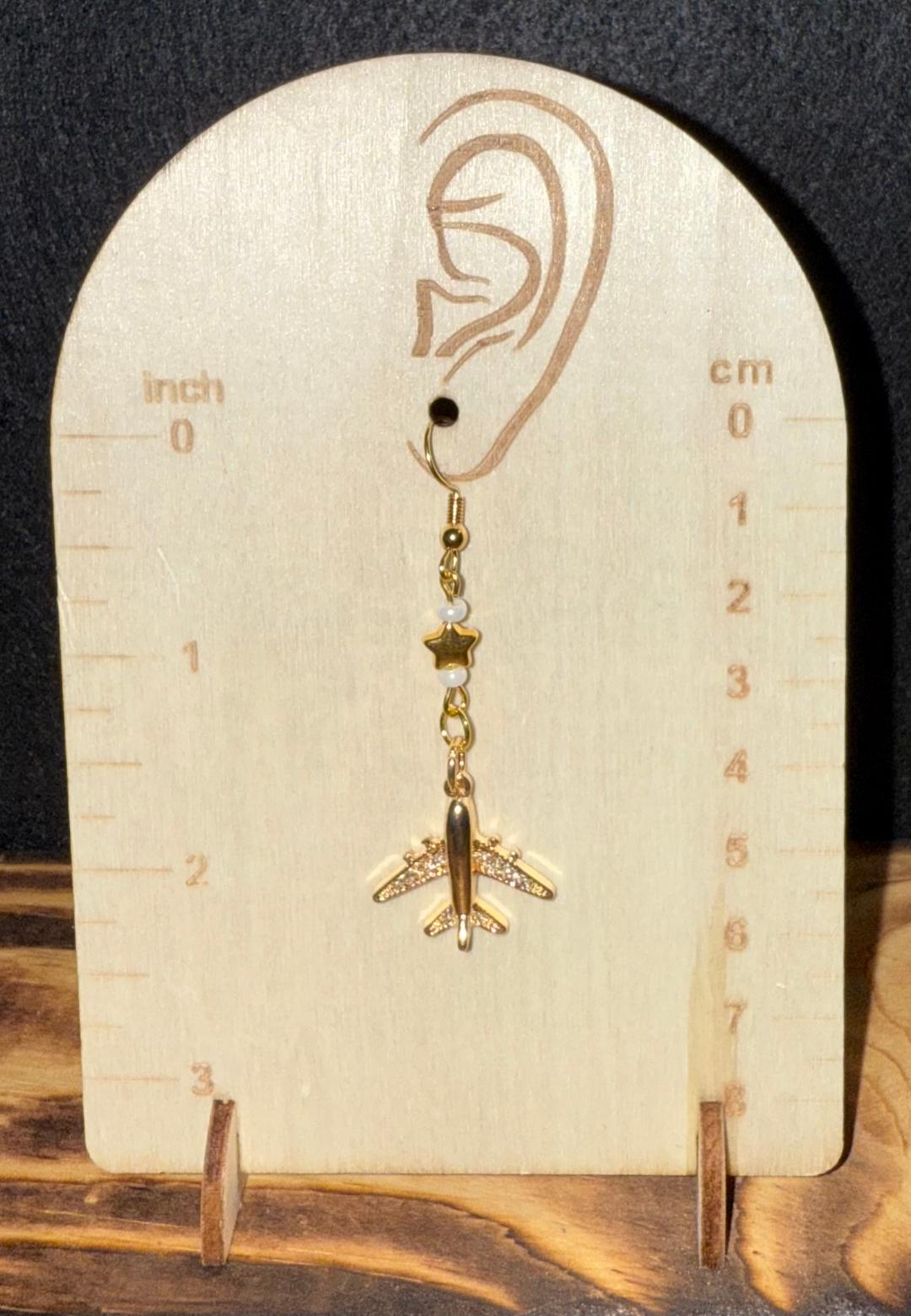 NEW Gold Airplane Rhinestone Charm Earrings w/ Star Beads