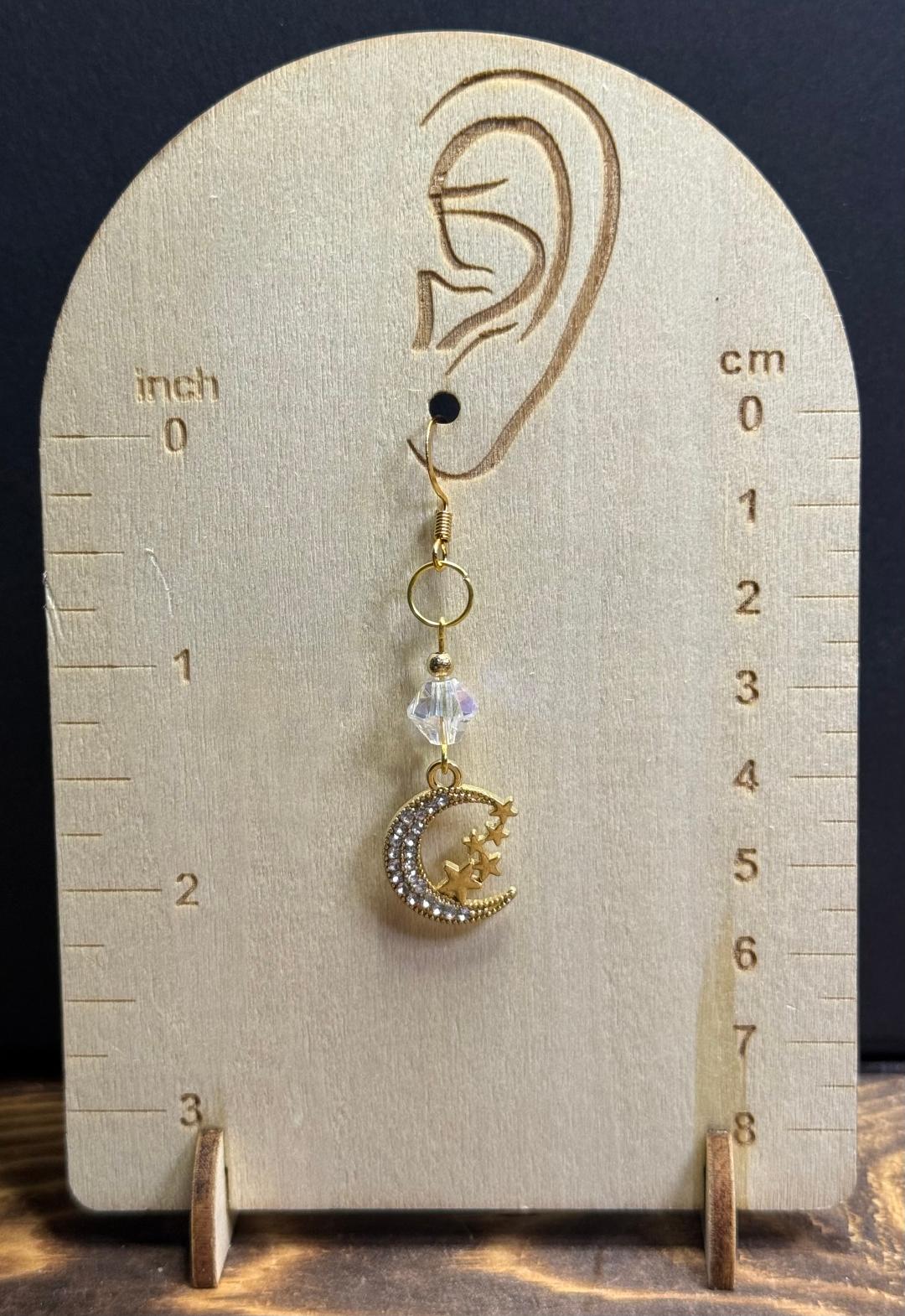 NEW Sparkling Rhinestone Gold Crescent Moon & Stars Earrings w/ Clear Glass Beads
