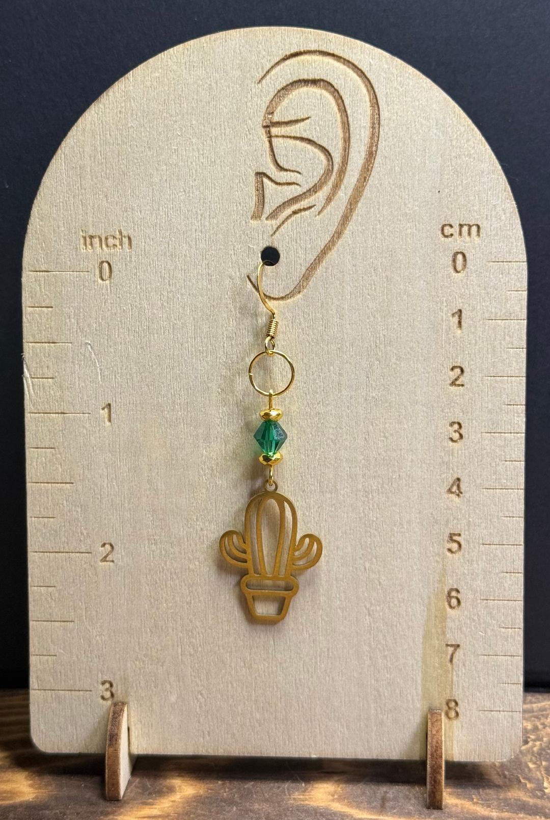 NEW Gold Stainless Steel Hollow Cactus w/ Green Glass Beads