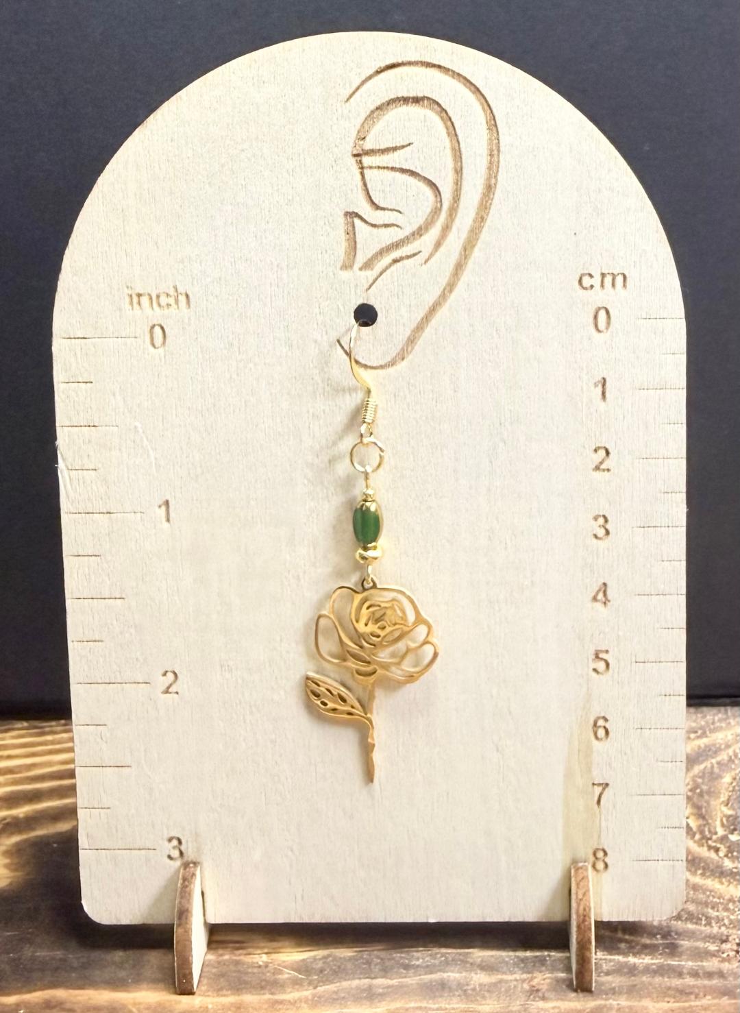 NEW Stainless Steel Hollow Gold Flower Outline Earrings w/ Green Accent Beads
