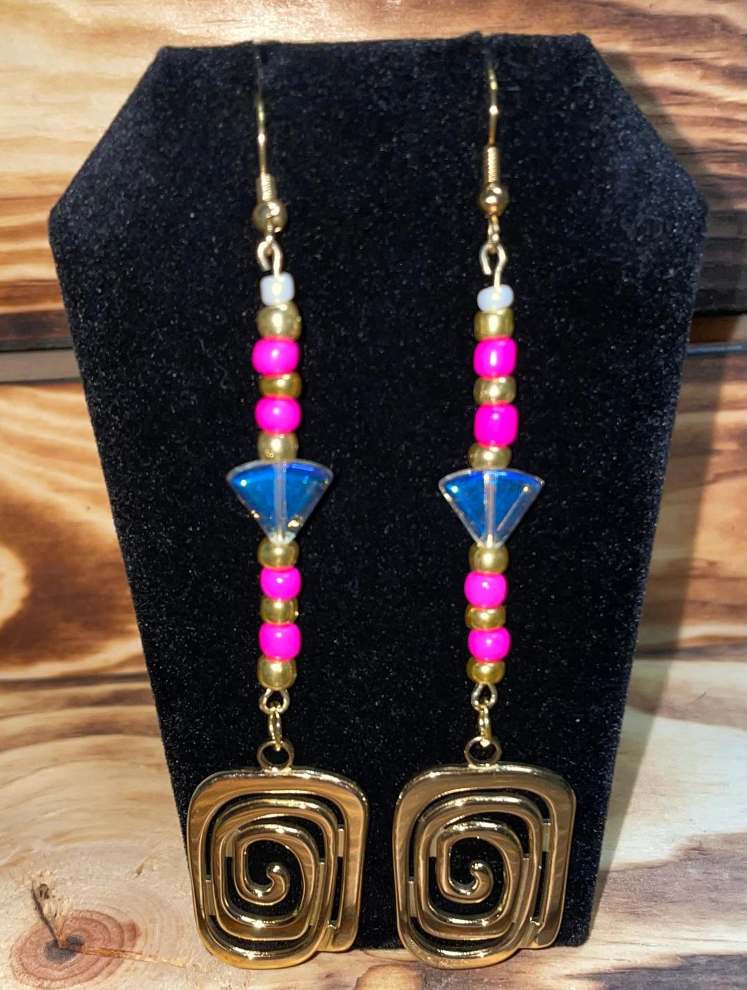 NEW Square Swirl Charm & Hot Pink Beads - Art Deco Style Drop Earrings