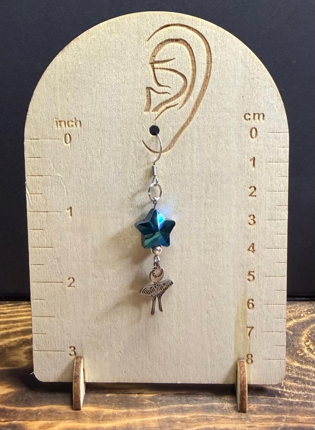 NEW Gothic Luna Moth Moon Charm Earrings w/ Glass Star Bead