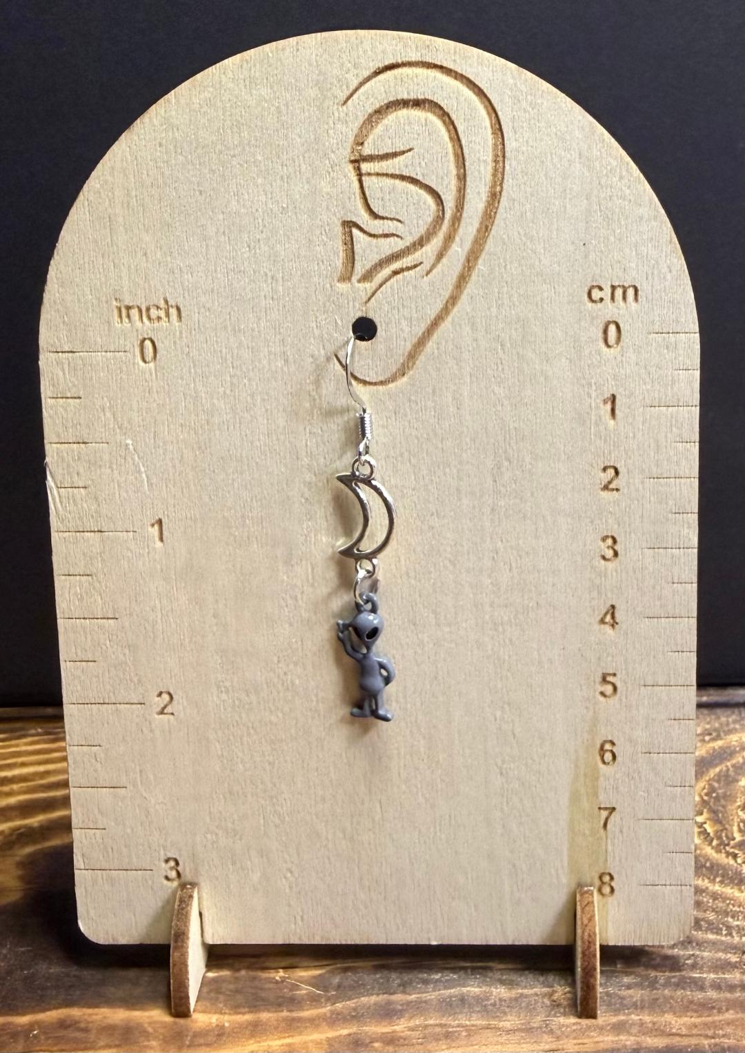 NEW Little Gray Alien Earrings w/ Hollow Crescent Moon