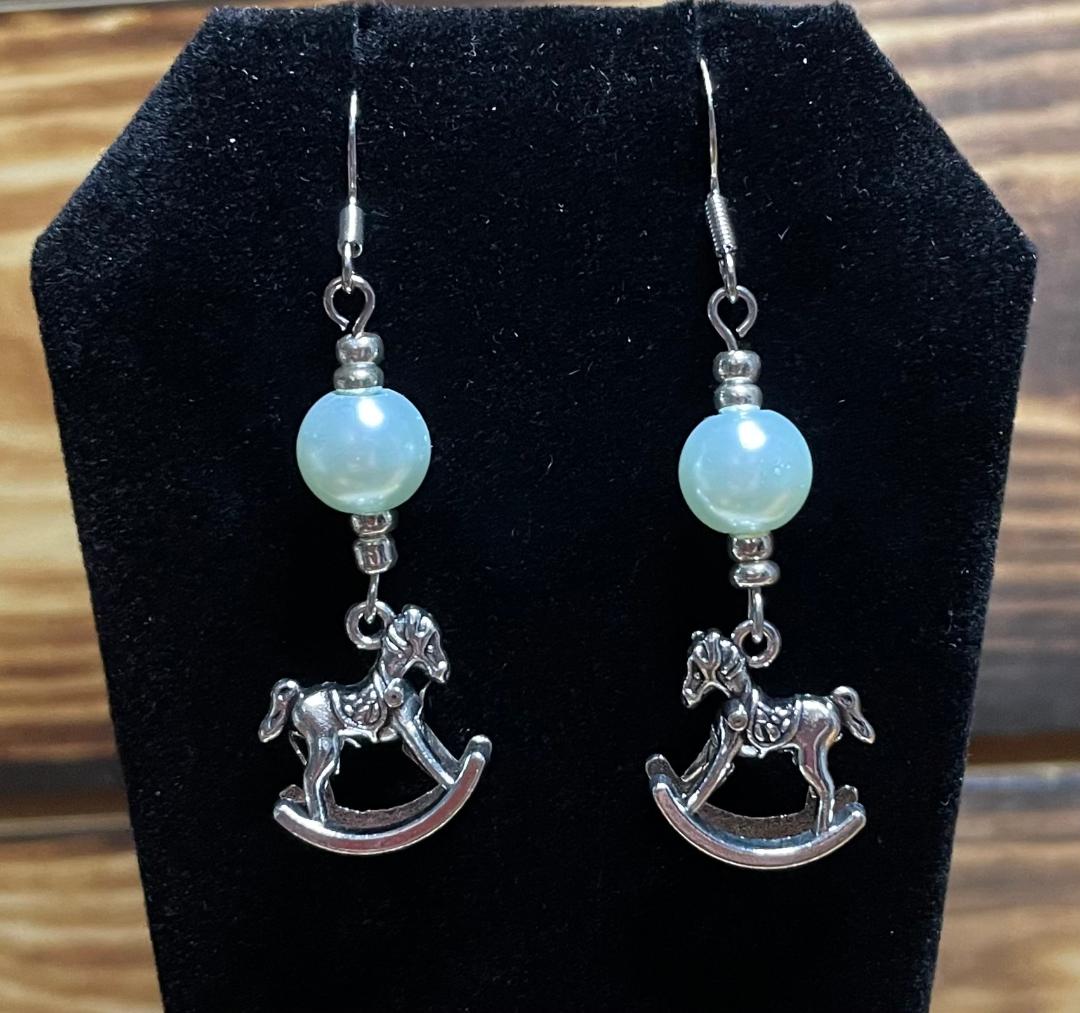 NEW Silver Tone Nursery Rocking Horse & Green Faux Pearl Bead Earrings