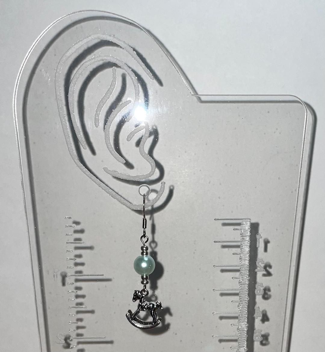 NEW Silver Tone Nursery Rocking Horse & Green Faux Pearl Bead Earrings