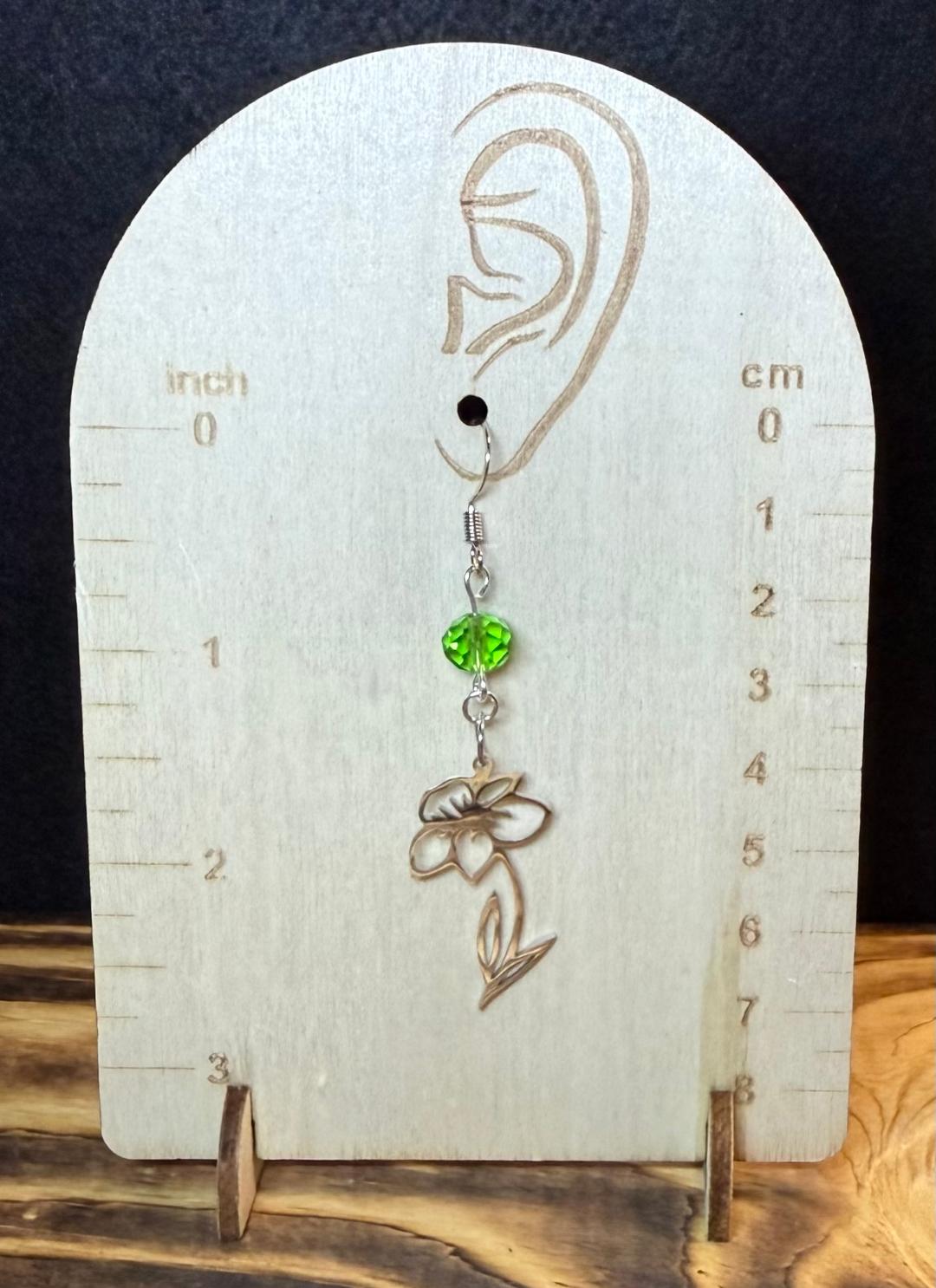 NEW Stainless Steel Flower Earrings w/ Faceted Green Glass Bead