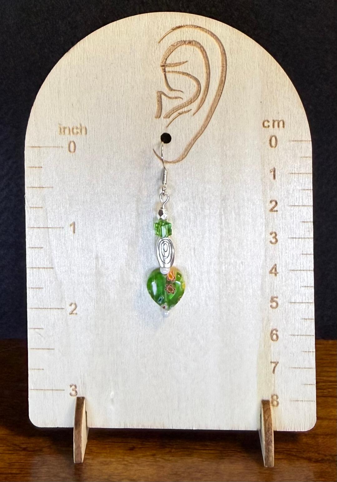 NEW Glass Heart Earrings w/ Square Glass Beads & Swirl Charms