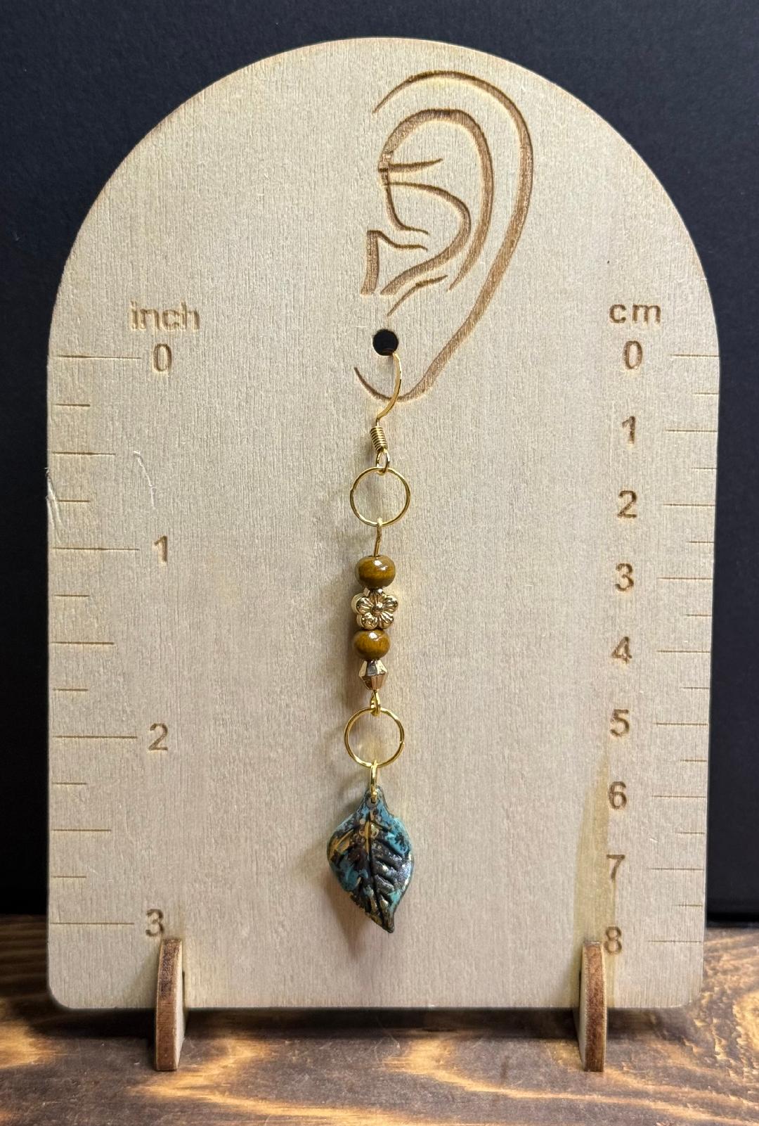 NEW Green & Gold Leaf Charm Earrings w/ Flower & Wooden Beads