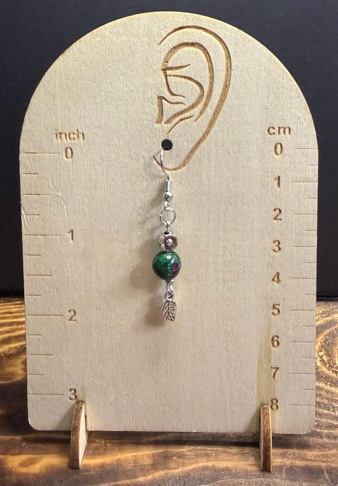 NEW Green Jasper Stone Bead Earrings w/ Flower & Leaf