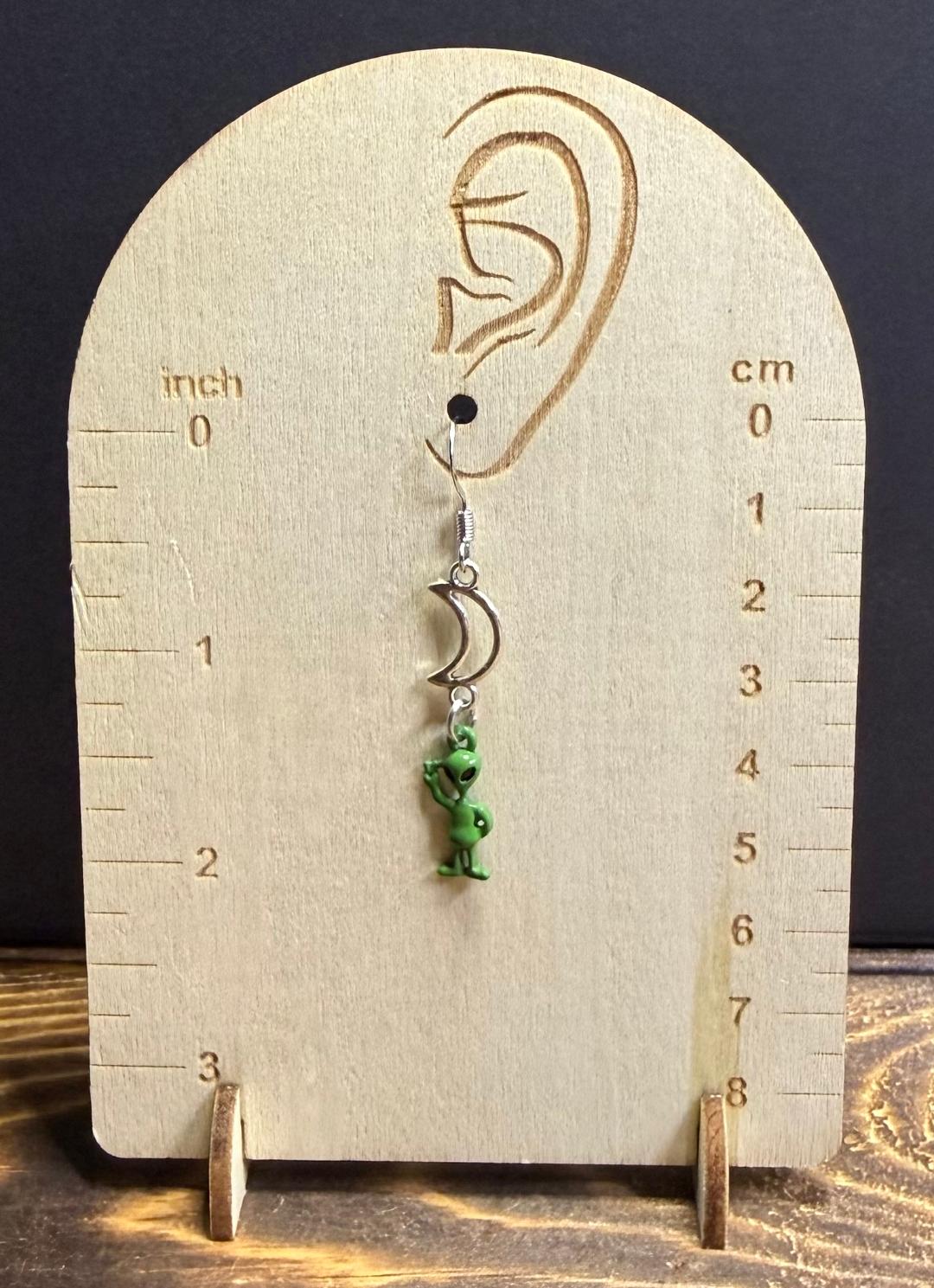 NEW Little Green Alien Earrings w/ Hollow Crescent Moon