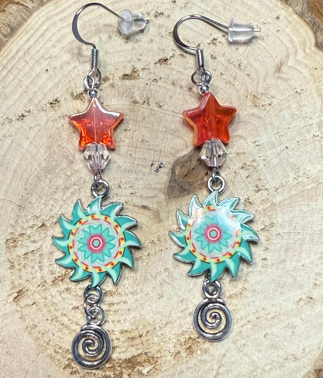 NEW Green Pinwheel Sun / Orange Star Dangle Earrings