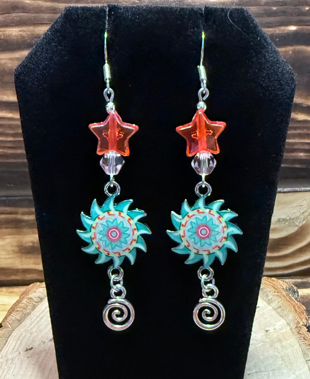NEW Green Pinwheel Sun / Orange Star Dangle Earrings