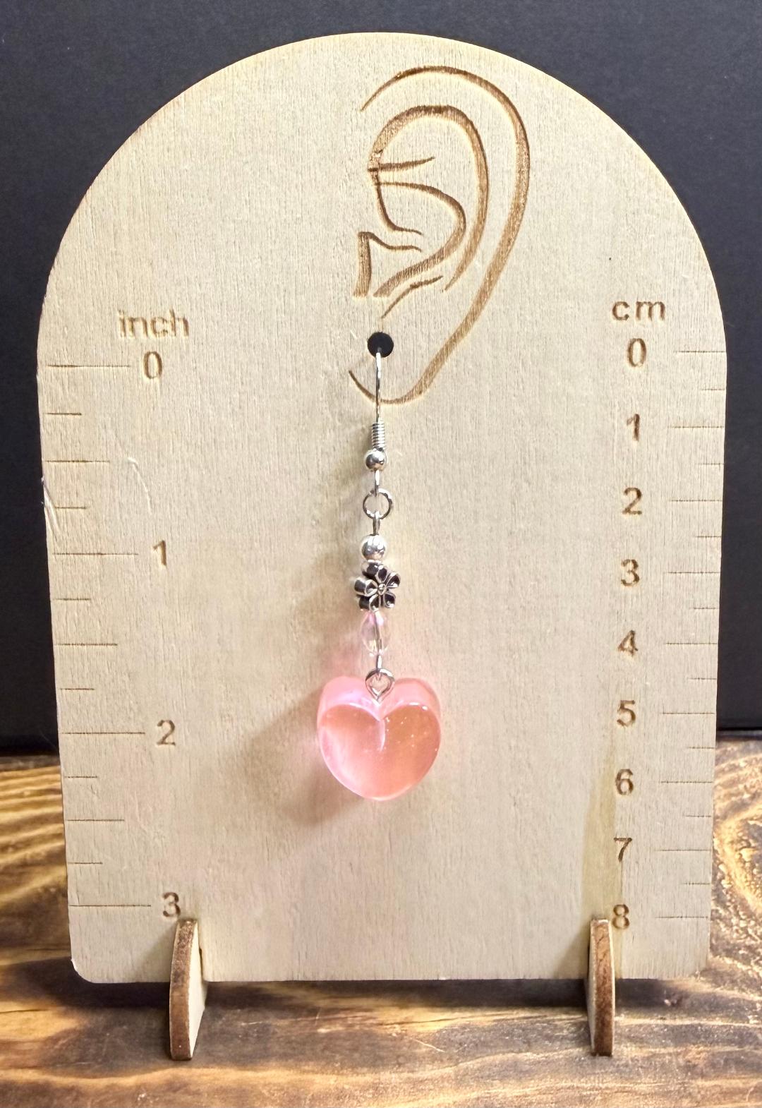NEW Pink Acrylic Gumdrop Heart Earrings w/ Flower & Glass Beads