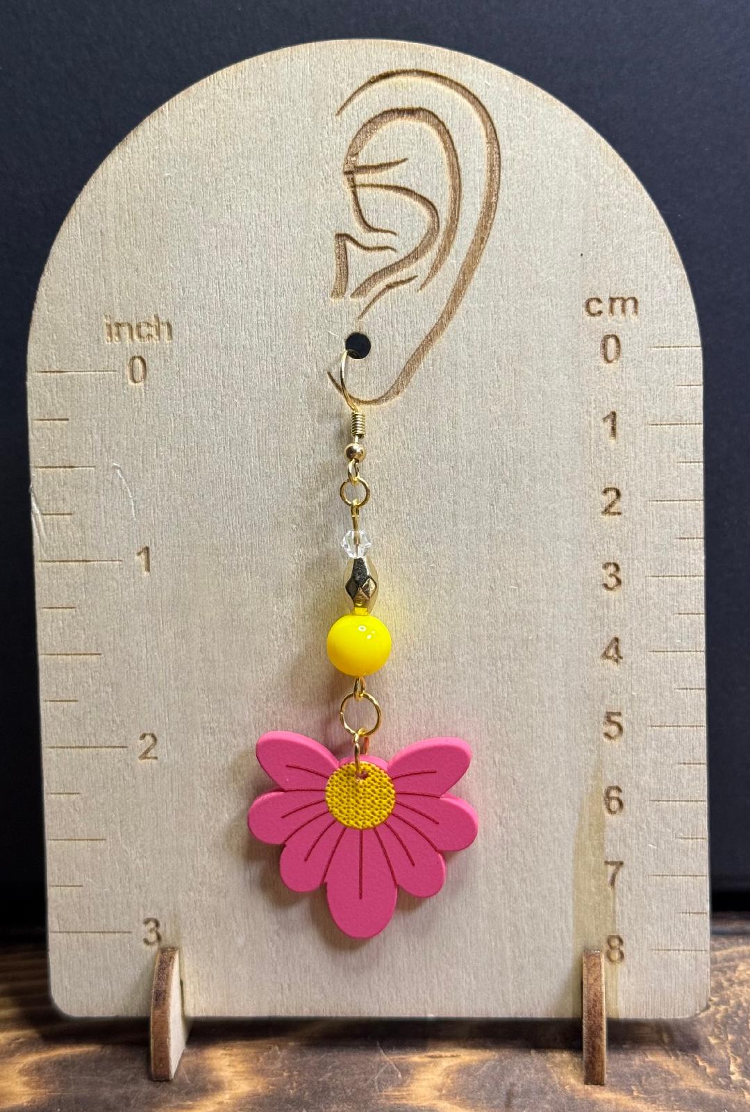NEW Hot Pink Flower Hippie Earrings w/ Yellow Glass Beads