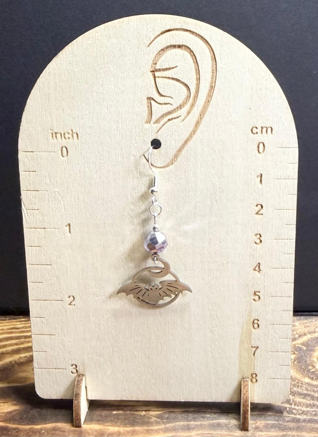 NEW Halloween Stainless Steel Bat Crescent Moon Earring w/ Pale Purple Glass Beads