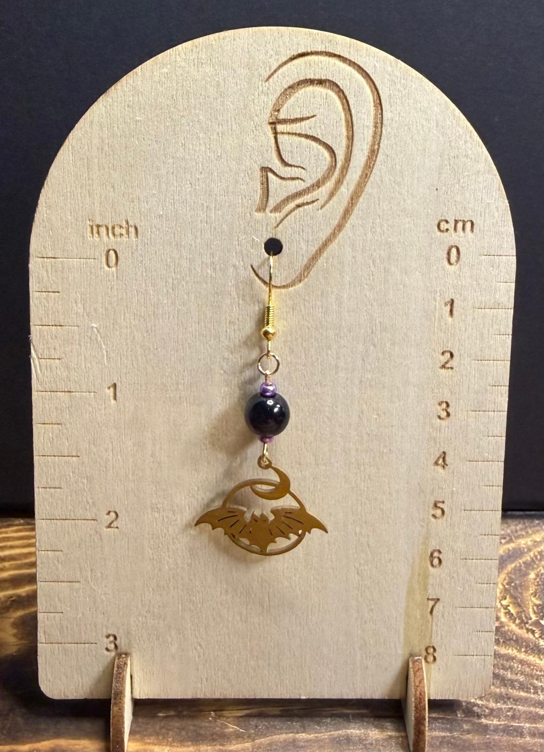 NEW Halloween Stainless Steel Bat Crescent Moon Earring w/ Purple Beads
