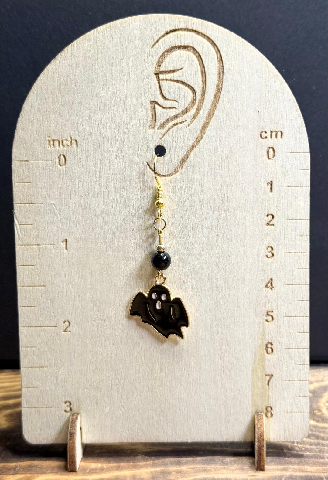 NEW Halloween Enamel Flying Black Ghost Earrings w/ Black Glass Beads
