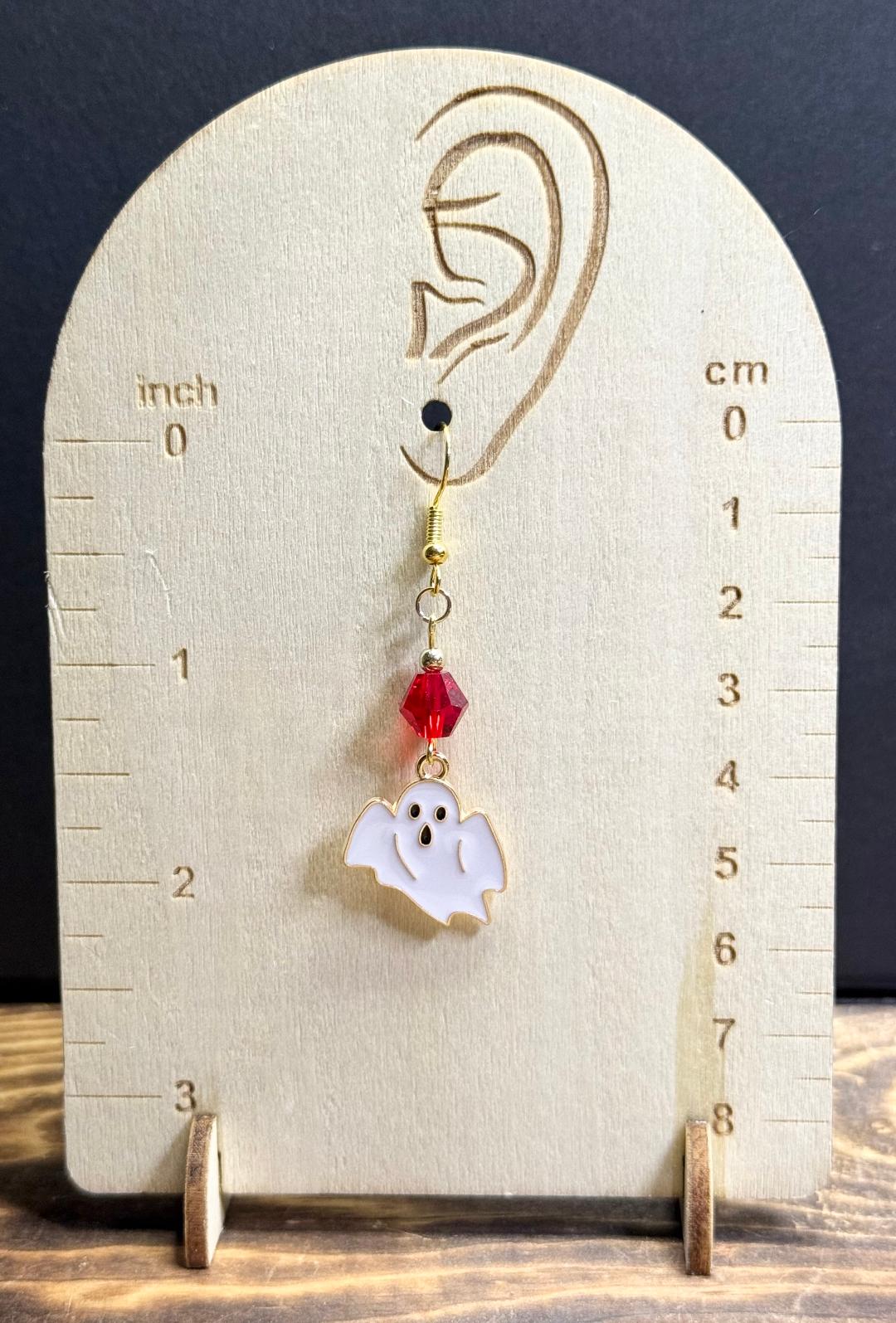 NEW Halloween Enamel Flying White Ghost Earrings w/ Red Glass Beads