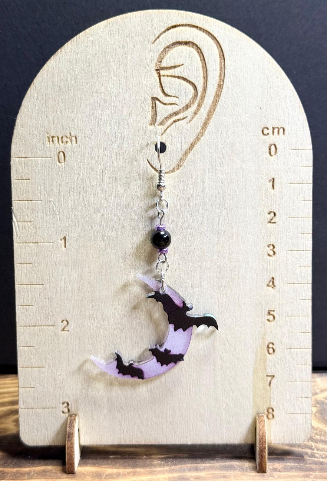 NEW Halloween Acrylic Purple Crescent Moon & Black Bats Earrings