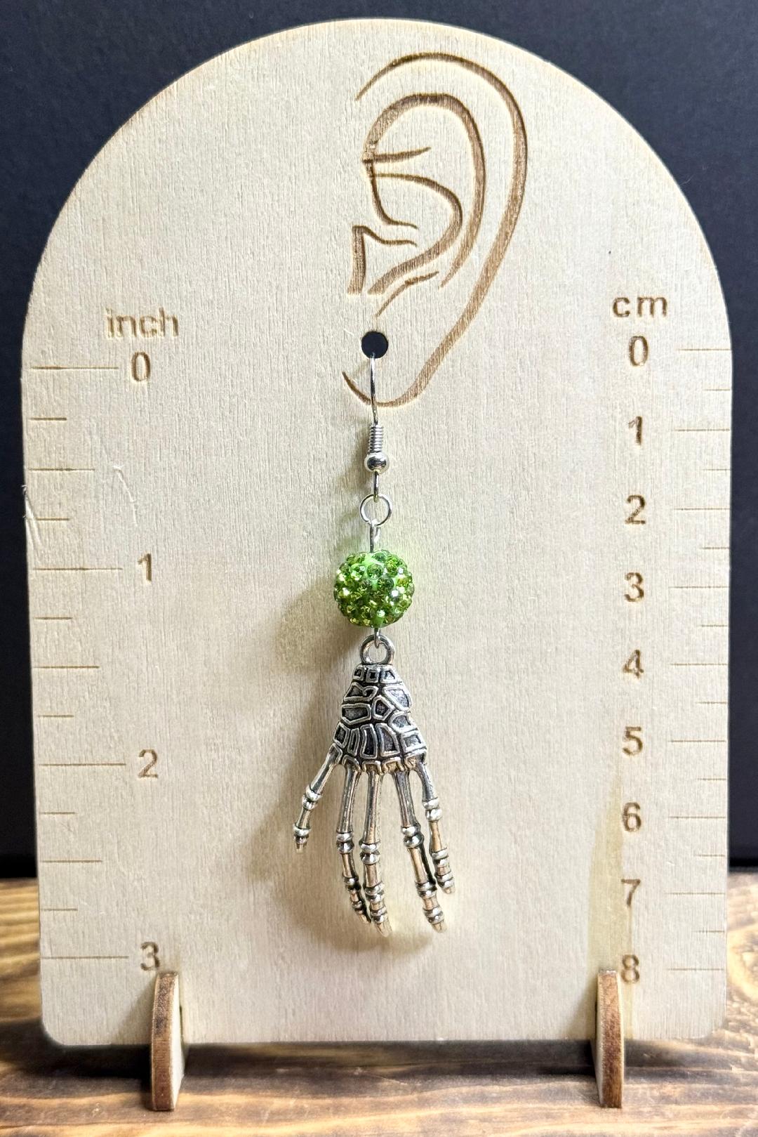 NEW Halloween Creepy Skeleton Hand Alloy Earrings w/ Sparkling Green Rhinestone Bead