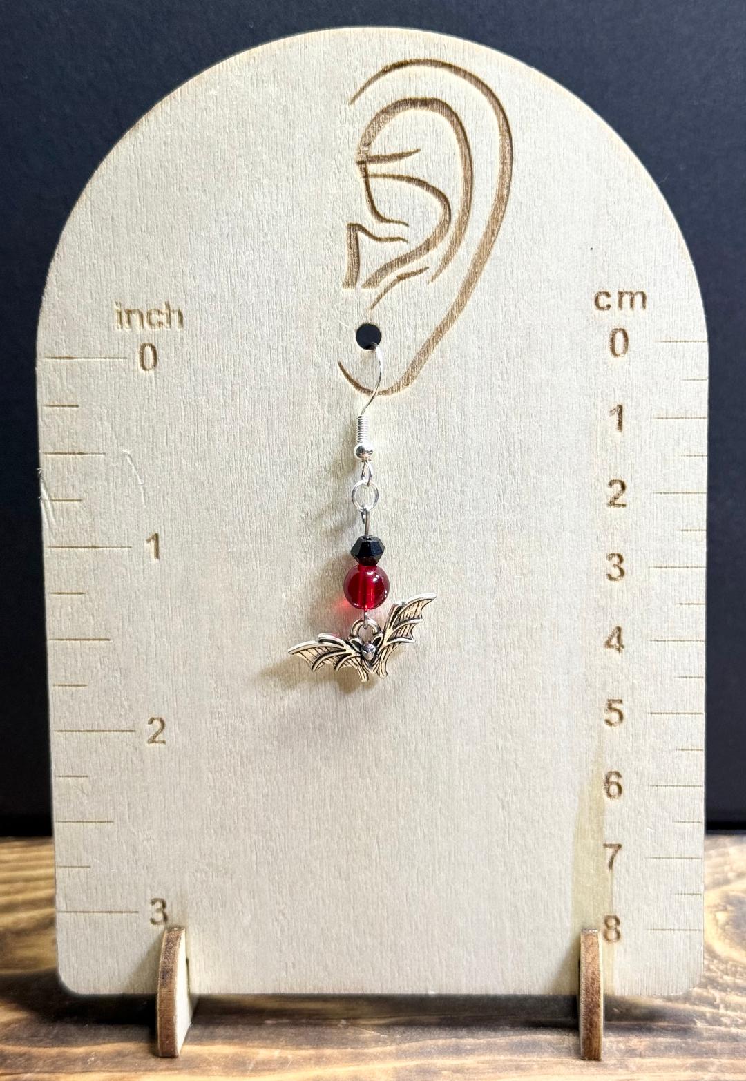 NEW Halloween Silver Alloy Flying Bat Earrings w/ Red & Black Glass Beads