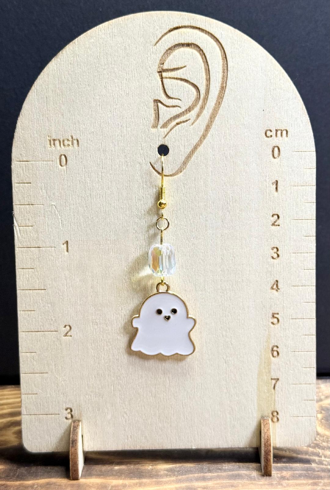 NEW Halloween Enamel White Sweet Baby Ghost Earrings w/ Glass Iridescent Beads