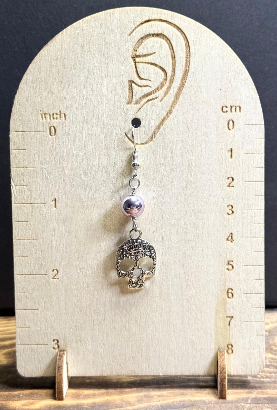 NEW Silver Alloy Sugar Skull Earrings w/ Purple Beads