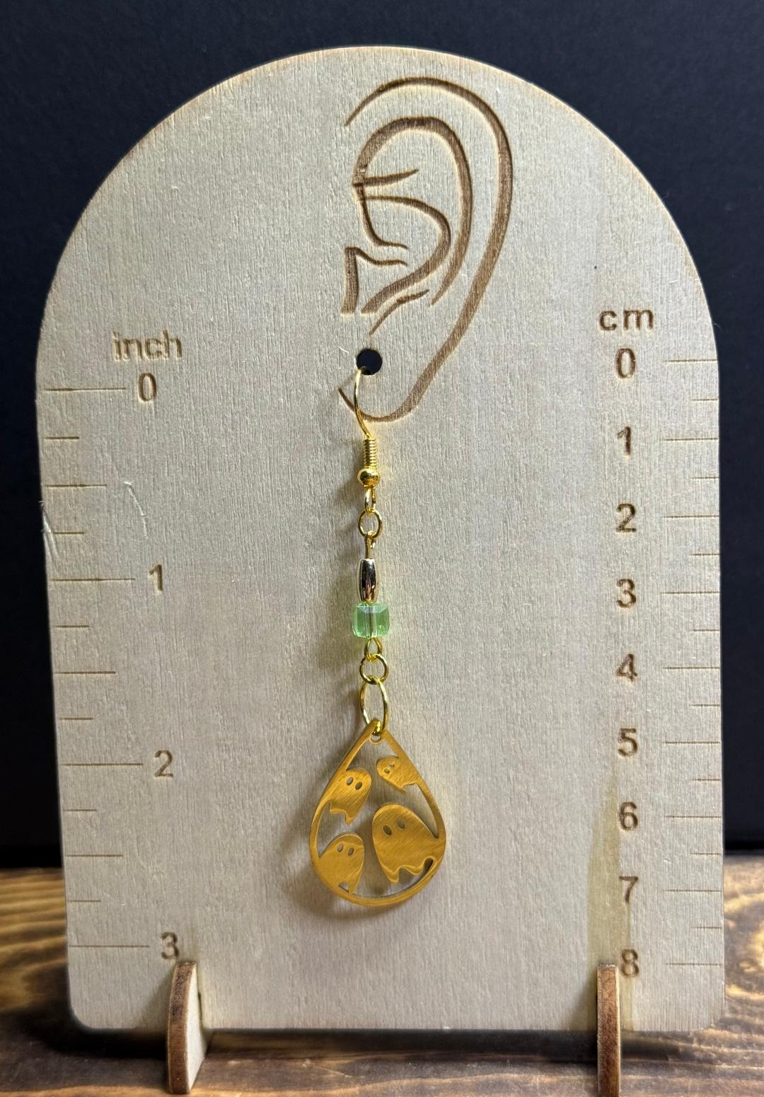 NEW Halloween Gold Stainless Steel Teardrop Ghost Earrings w/ Square Green Beads