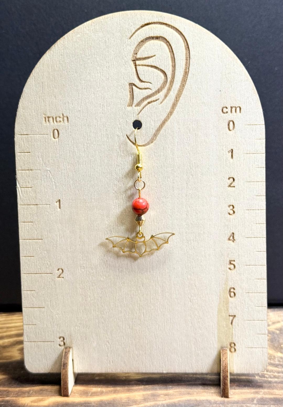 NEW Halloween Gold Stainless Steel Hollow Bat Outline Earrings w/ Red Beads