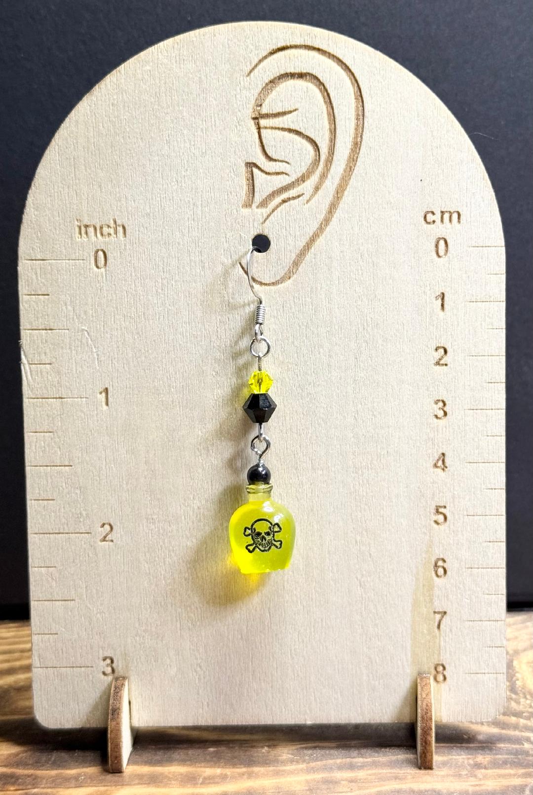 NEW Halloween Yellow Poison Bottle Skull & Cross Bones Earrings w/ Glass Beads