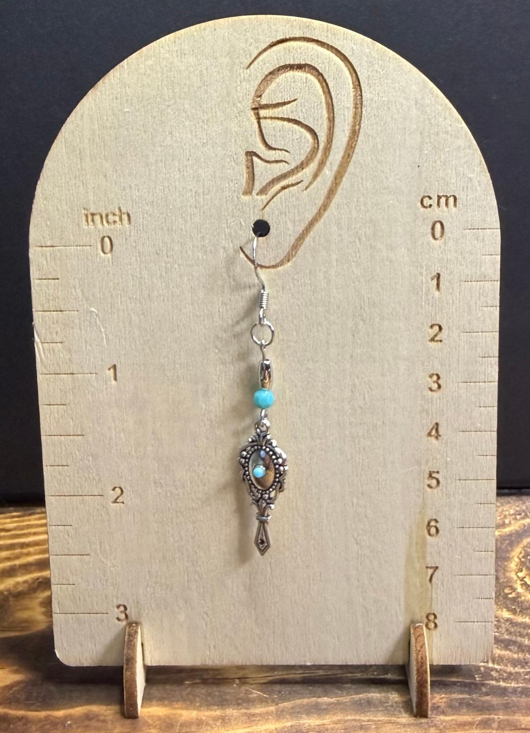 NEW Mini Hand Mirror Charm Earrings w/ Turquoise Green Beads