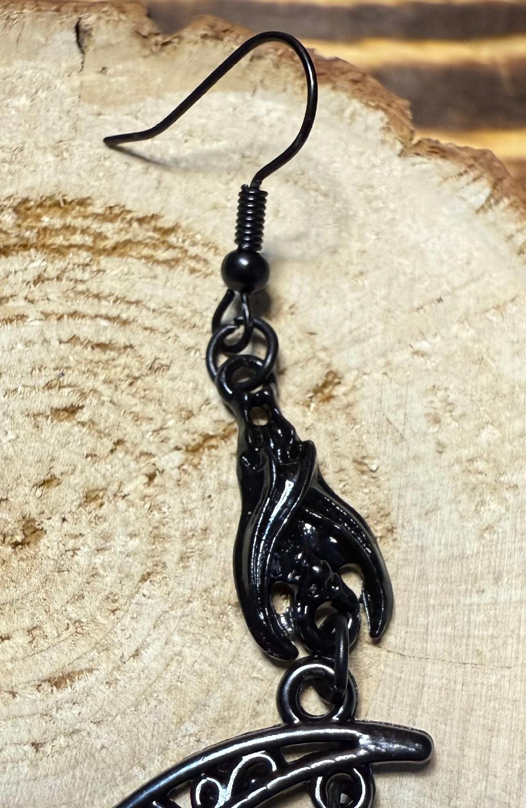 NEW Large Goth Black Hanging Bat / Crescent Moon Dangle Earrings
