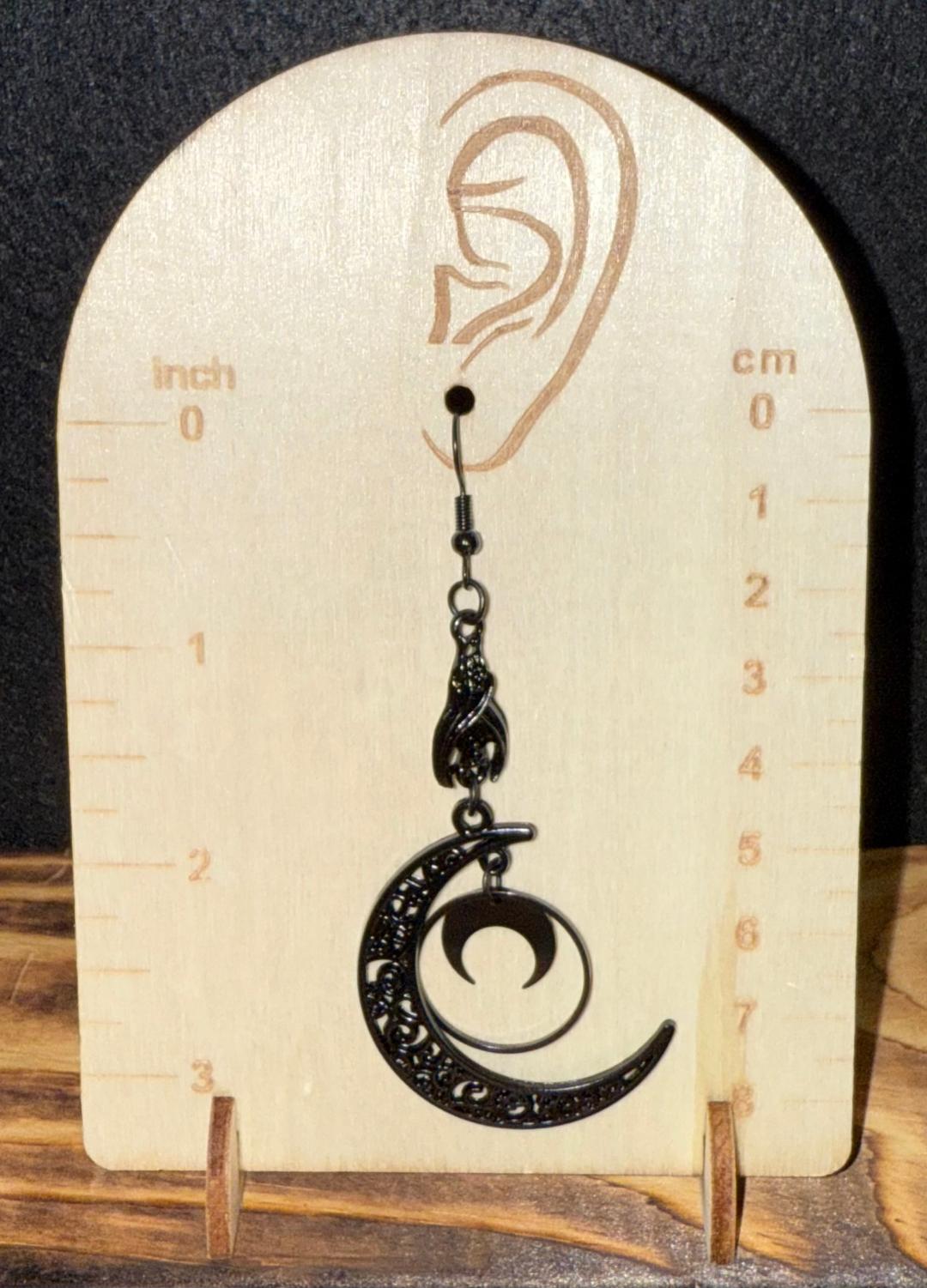NEW Large Goth Black Hanging Bat / Crescent Moon Dangle Earrings