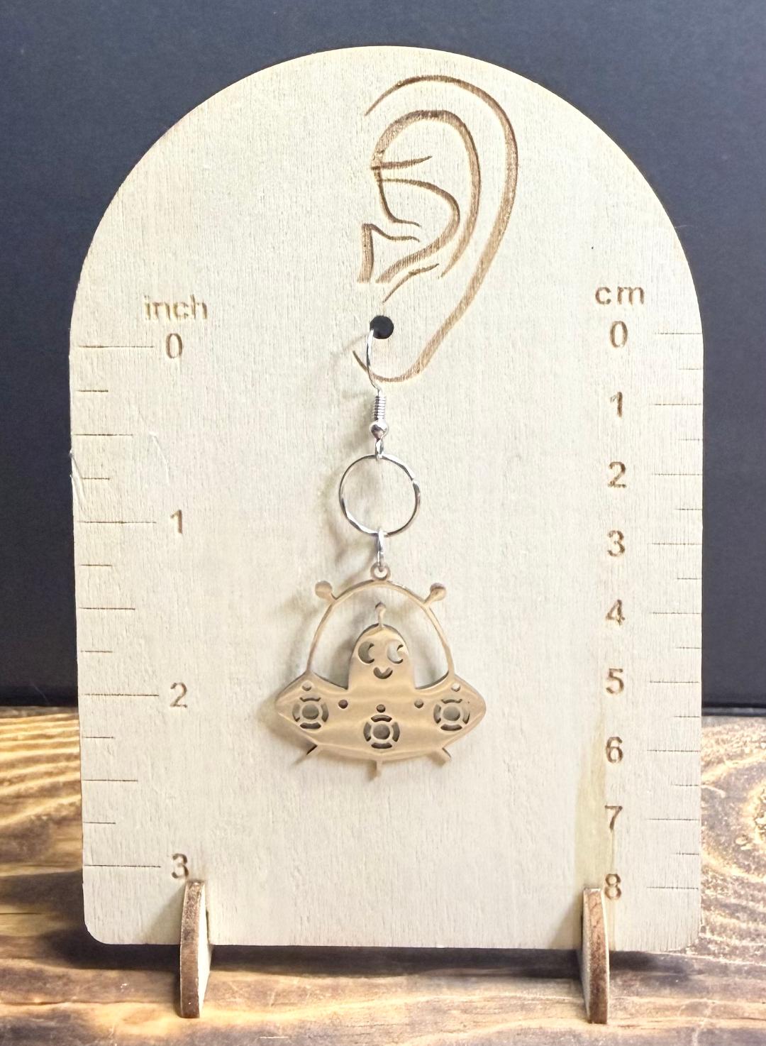 NEW Large Happy Alien in Spaceship Stainless Steel Earrings