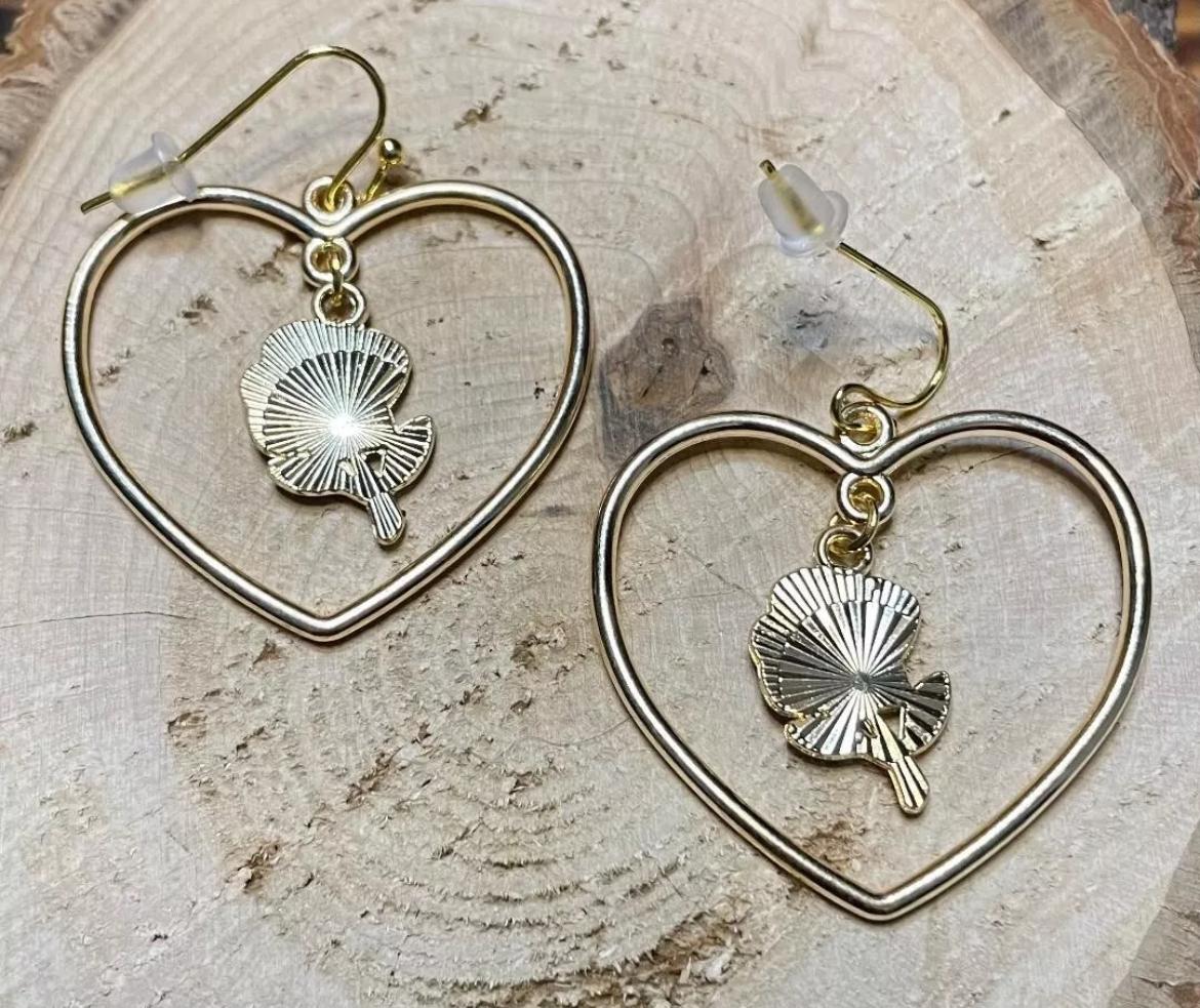 NEW Sweet Heart Shaped Hoop Gold Tone Dangle Earrings with Pink Enamel Rose
