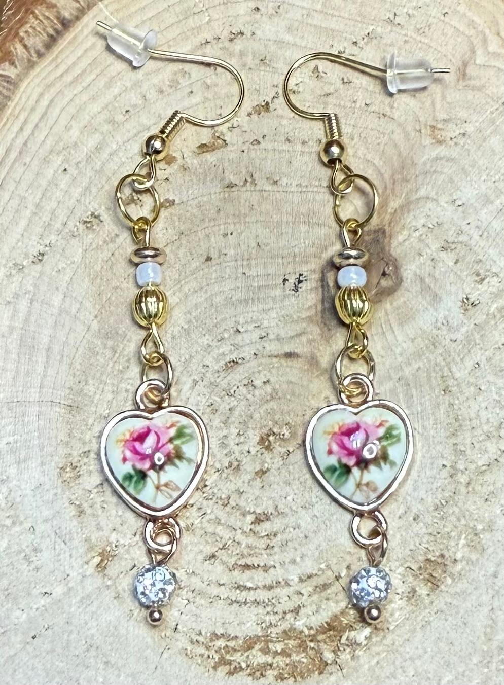 NEW Romantic Heart Rose Charm Dangle Earrings w/ Rhinestone Covered Beads