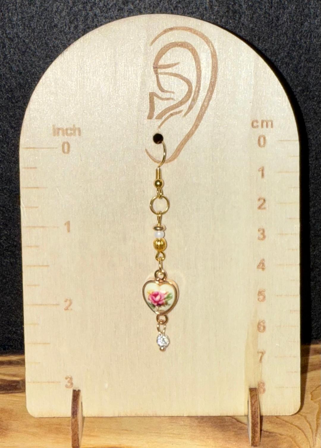 NEW Romantic Heart Rose Charm Dangle Earrings w/ Rhinestone Covered Beads